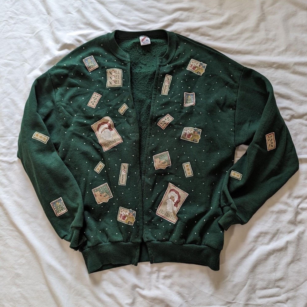 Homemade Ugly Christmas Sweater Cardigan Sz XL Vintage Jerzees Womens USA Made